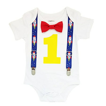 Noah's Boytique Space Rocket Astronaut Theme First Birthday Party Cake Smash Outfit Blue Red Yellow 12-18 Months