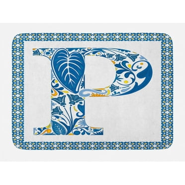 Letter P Bath Mat, Floral Motifs Swirls Tropical Rainforest Vegetation Retro Mosaic Motifs, Non-Slip Plush Mat Bathroom Kitchen Laundry Room Decor, 29.5 X 17.5 Inches, Blue Yellow Orange, Ambesonne