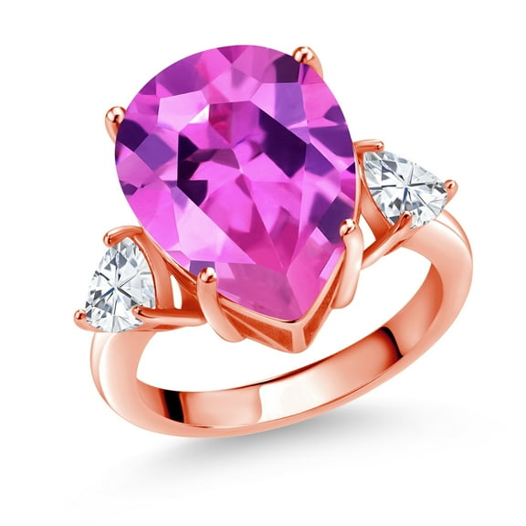 Gem Stone King 18K Rose Gold Plated Silver 3-Stone Ring Pear Shape Pink Created Sapphire and Moissanite (11.64 Cttw, Size 5)