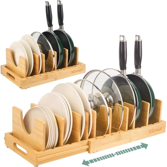 Bamboo Pot Lid Organizer, Adjustable Kitchen Organizer for Cabinet, Expandable Pot and Pan Storage Rack, Kitchen Organization for Lids, Bakeware, and Cutting Boards