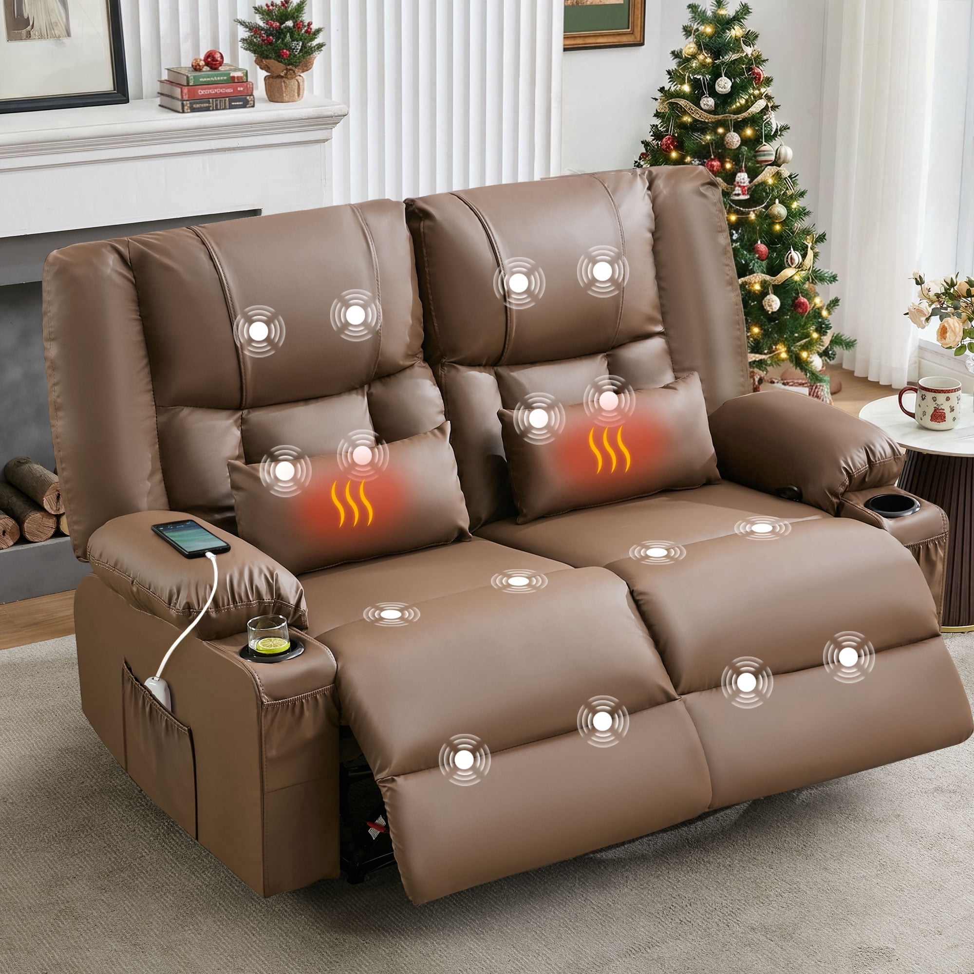 LLappuil Loveseat Recliner Chair, Massage Recliner Chair with Heating, Manual Oversized Recliner Home Theater with Cup Holders, Side Pocket for Adults Brown