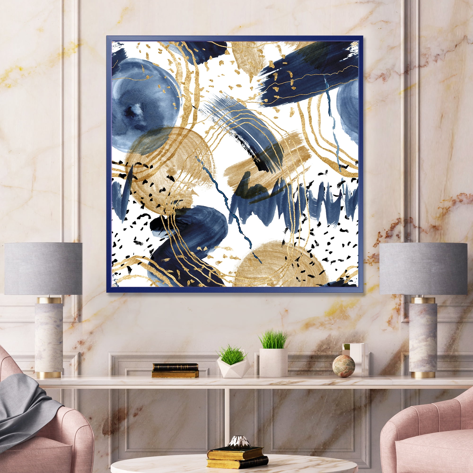 Designart 'Dark Blue & Golden Textures With Abstract Pattern' Modern Framed Canvas Wall Art Print