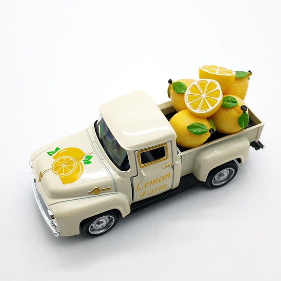 Lemon Decoration,Fruit Metal Truck Decor,Fresh Holiday Summer Metal Truck with 6 Lemons Ornaments,Harvest Farmhouse Vintage Pickup Car Decor for Tabletop Centerpiece Home Kitchen