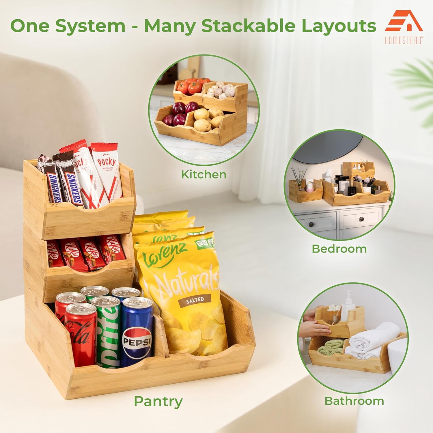 Homestead Bamboo Pantry Storage Bins, Set of 3 – Stackable Open Front Potato and Onion Storage Bins, Wooden Pantry Organizer Baskets for Kitchen, Fruit Vegetable Bin