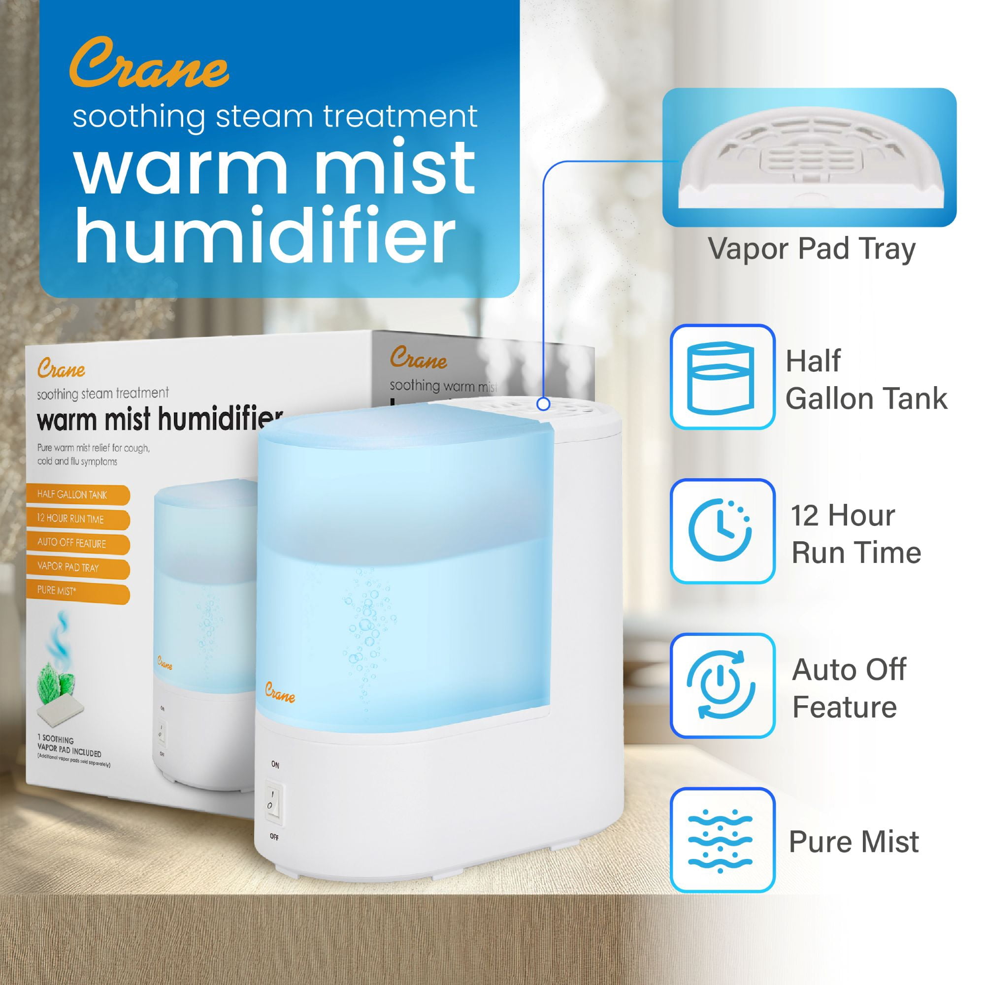Crane Warm Mist Humidifier, 0.5 Gallon Tank, Steam Treatment with Vapor Pad Tray, Auto Shut-Off, Filter-Free, Quiet for Bedroom & Home