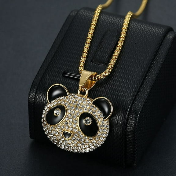 Hip Hop Bling Iced Out Rhinestone 14K Yellow Gold Cool Crown Panda Pendants Necklace for Men Rapper Jewelry Golden Silver Color