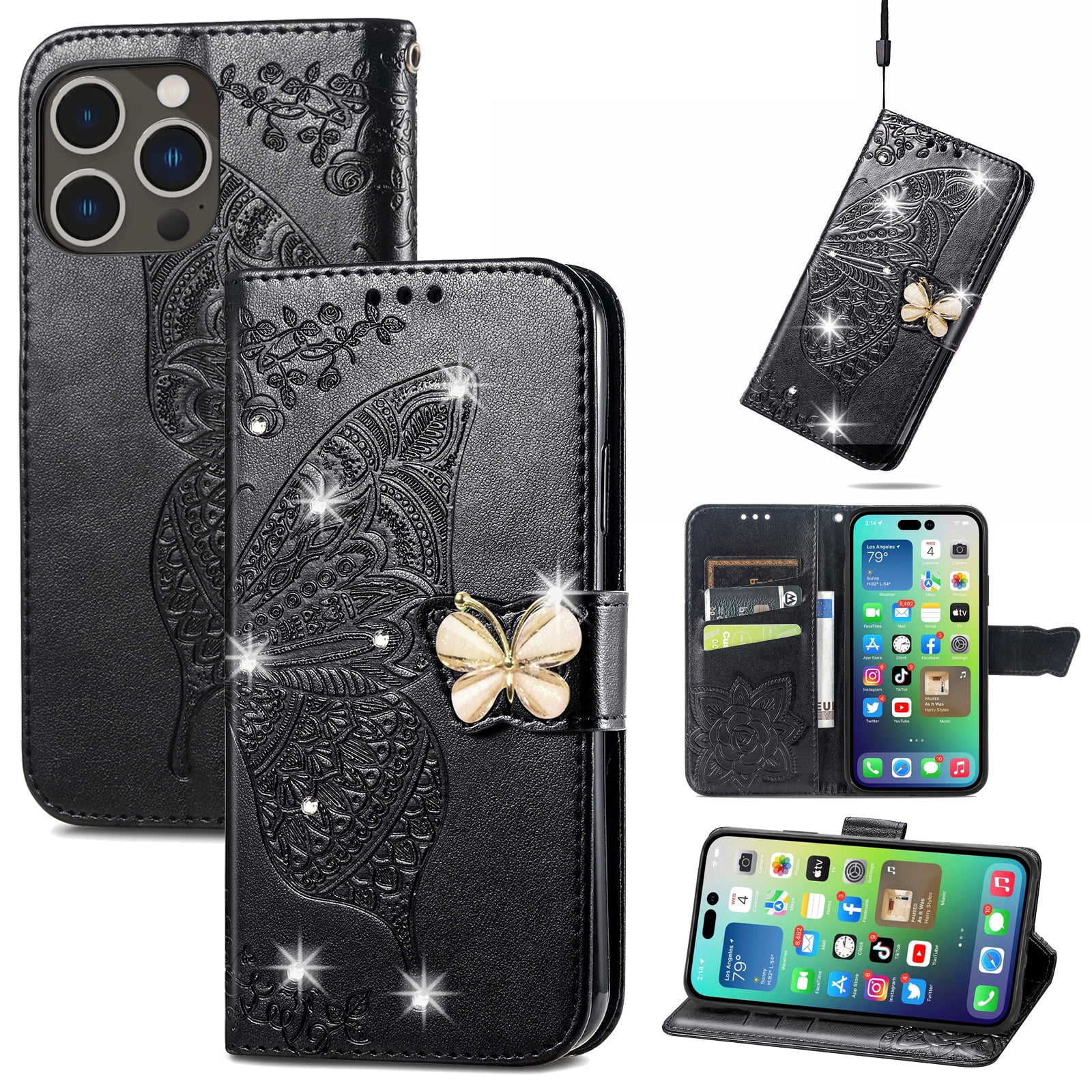 Étui Portefeuille Paillettes Avec Porte-cartes Pour IPhone 15 14 13 12 - Rabat Magnétique, Sangle, Neuf