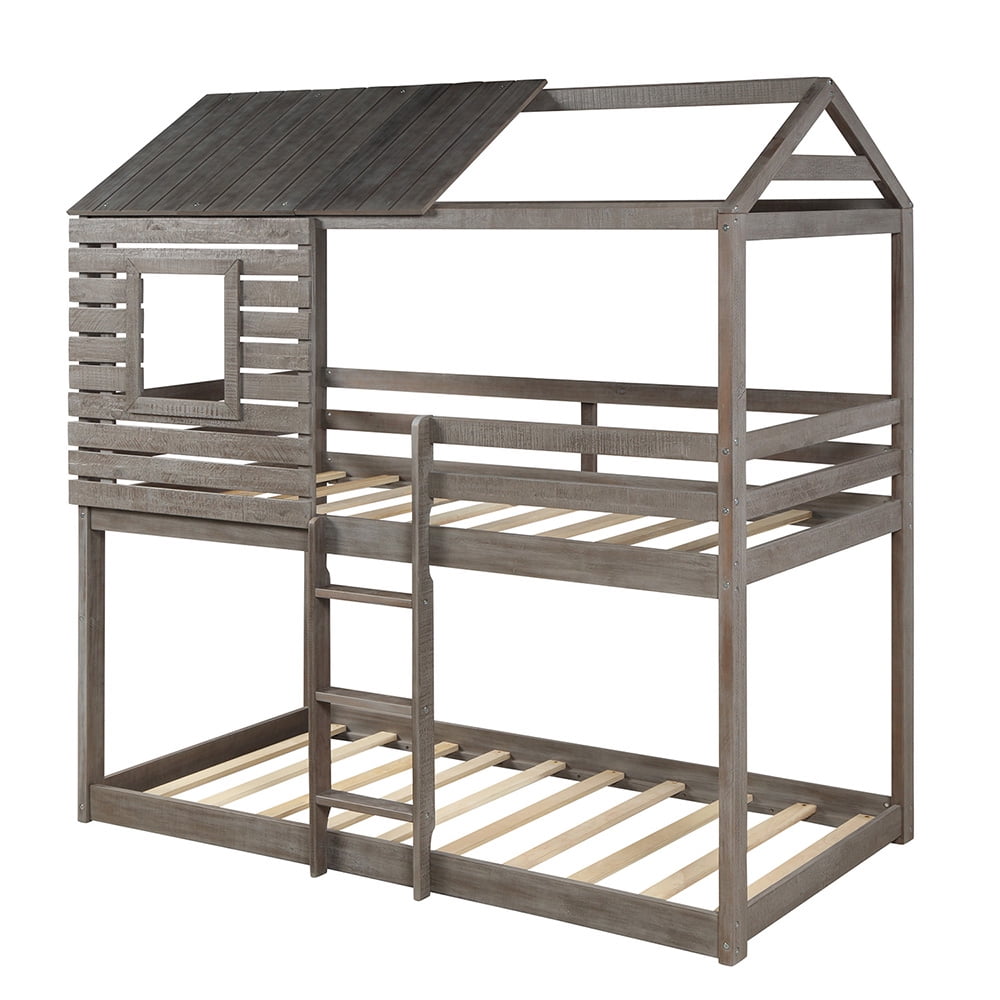 Kepooman Twin Over Twin Wood Bunk Bed with Roof & Window & Guardrail & Ladder for Kids, 77.8"L x 41"W x 83.1"H, Antique Gray Kepooman Twin Over Twin Wood Bunk Bed with Roof & Window & Guardrail & Ladder for Kids, 77.8"L x 41"W x 83.1"H, Antique Gray