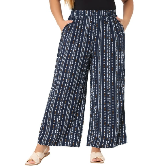 DARING DIVA Women's Plus Stripe Boho Wide Leg Paper Bag Pants 1X Navy Blue