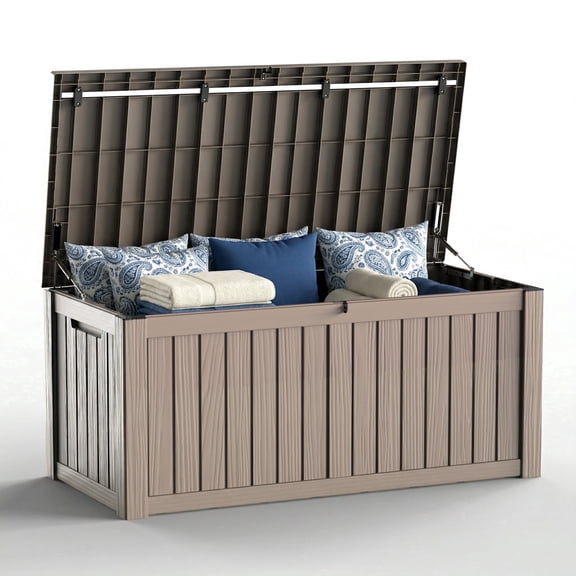 Joxxoaa 120 Gallon Deck Box Organizer, Doubles as 2-Person Bench Seat, Large Resin Outdoor Storage and Seating with Lockable Lid for Garden, Pool, and Patio Grey