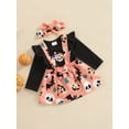 thumbnail image 3 of 3 Pcs Baby Girls Halloween Outfits, Letter Print Fly Sleeve Romper + Pumpkin  Skull Print Suspender Skirt + Bow Headband, 3 of 9