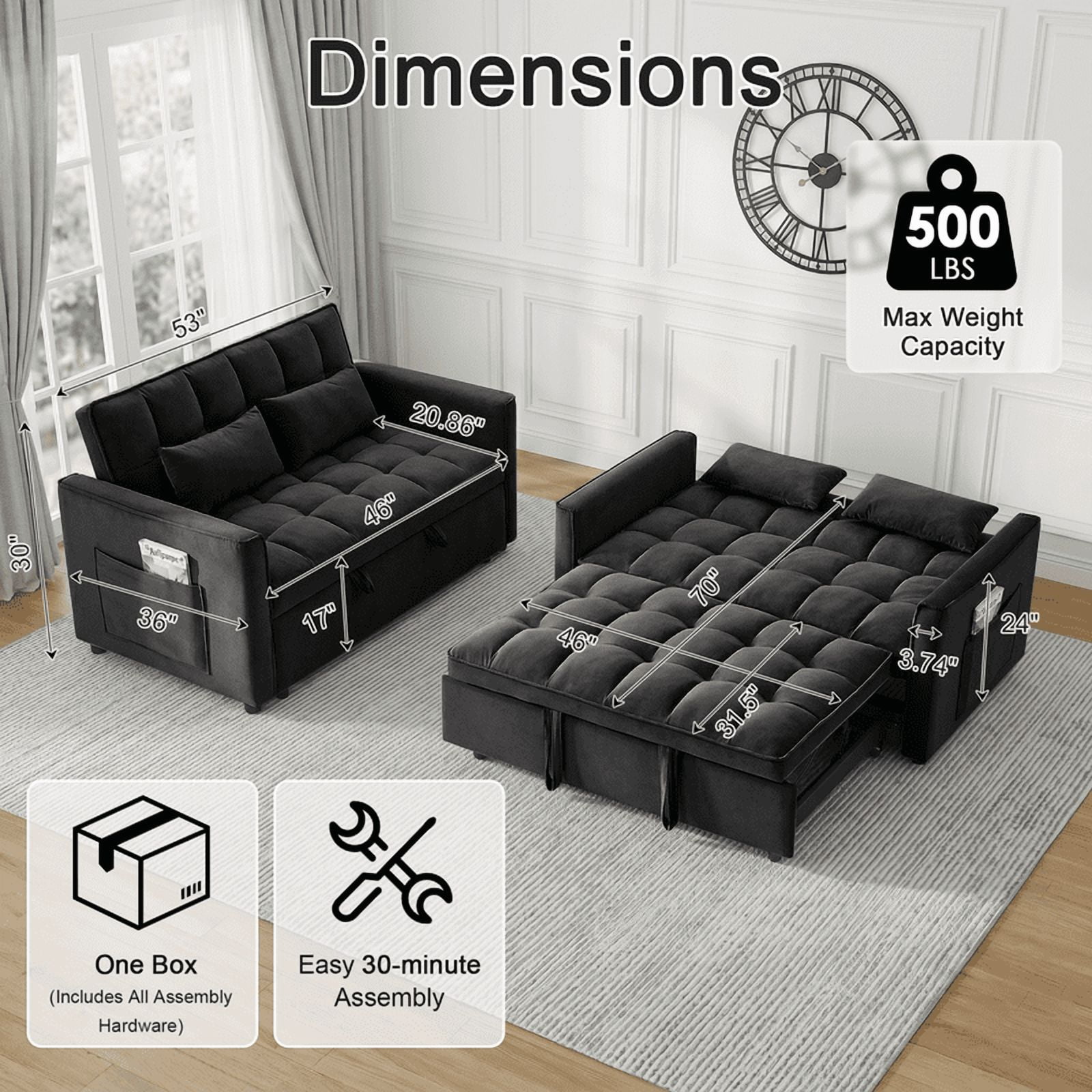 Gewnee 53 inch Convertible Sleeper Sofa Bed,Pull Out Loveseat Couch with Storage Pocket for Living Room,Apartment,Black02