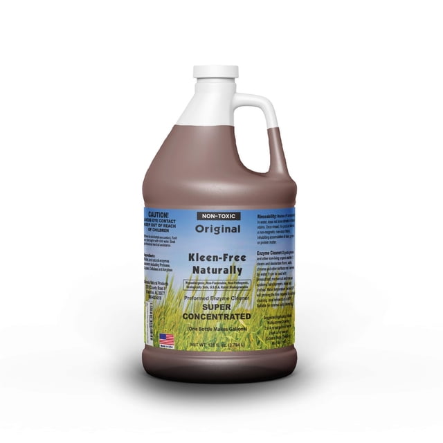 Kleen Free Naturally Preformed Enzyme Cleaner in a 128oz (1 gallon) bottle with a white handle and cap. The label highlights its original scent, super-concentrated formula, and multi-purpose use for cleaning surfaces, deodorizing, and as a laundry additive. The environmentally-friendly cleaner is suitable for home, industrial, and commercial settings, effectively breaking down organic matter for powerful cleaning without harmful residue.