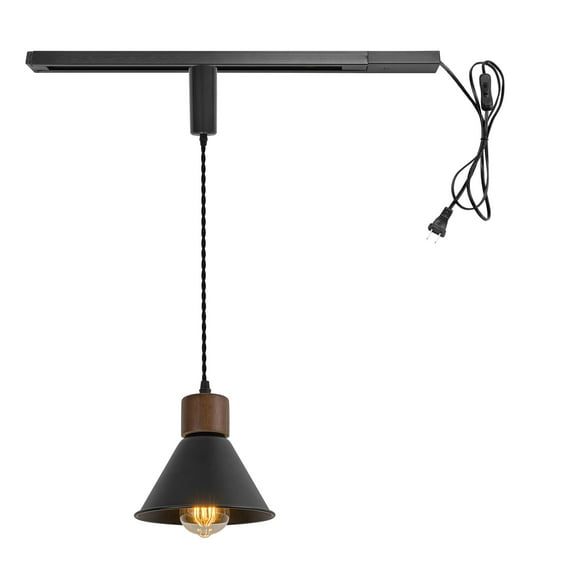 KAYYELAMP Plug in Cable Track Rail with Adjustable Cord Black Track Lighting Fixture Walnut E26 Base H-Type Vintage Design for Kitchen Loft(No Bulb)