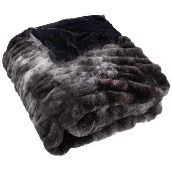 Lavish Home 60x80 Ruched Jacquard Faux Fur Blanket for Sofa and Bed, Black