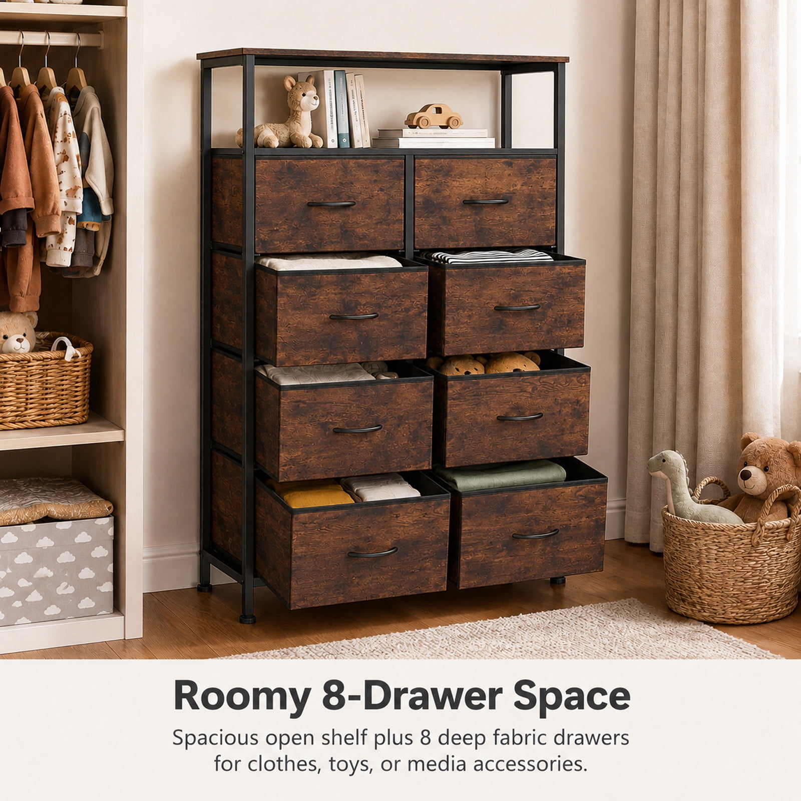 Alvantor 8-Drawer Fabric Dresser with Open Shelf, Chest of Drawers, Steel, MDF, Storage Organizer Unit, Closet, Entryway
