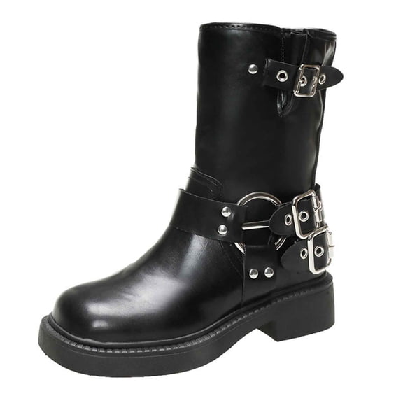 R-453 Black Ladies Fall Winter Short Boots Buckle Thick Bottom Thick Heel Solid Color Round Head Trendy Fashionable Casual Versatile Footwear