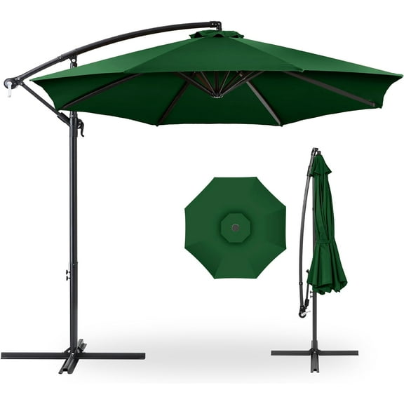 YUONAO 10ft Offset Hanging Market Patio Umbrella with Easy Tilt Adjustment, Polyester Shade, 8 Ribs for Backyard, Poolside, Lawn & Garden, Outdoor Sun Protection -Green