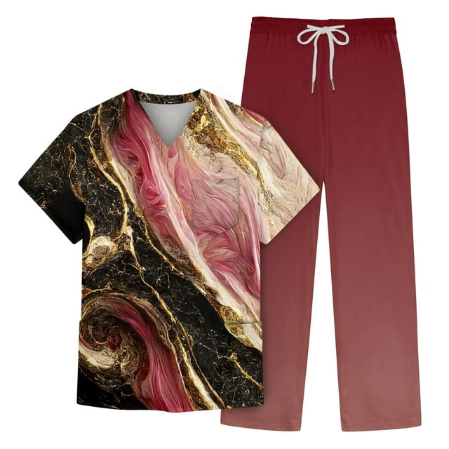 Men's Short Sleeve V Neck Print Chest Pocket Care Top Elastic Waist Pants Two Piece Work Suit 3XL