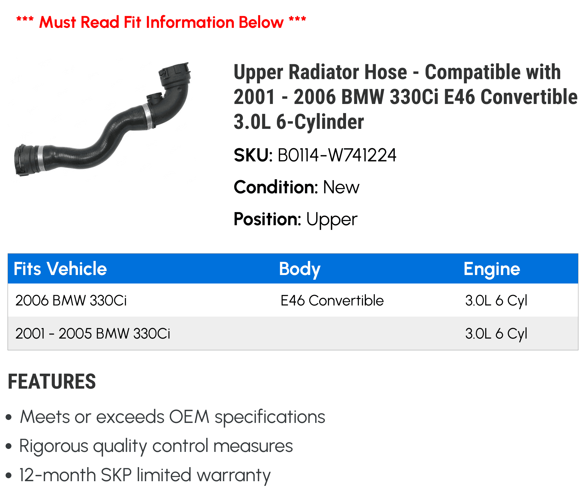 Upper Radiator Hose - Compatible with 2001 - 2006 BMW 330Ci E46 Convertible 3.0L 6-Cylinder 2002 2003 2004 2005