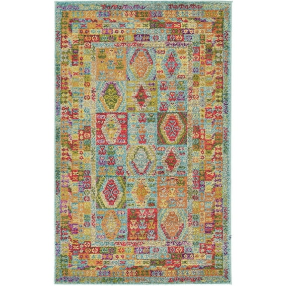 3.25' x 5.25' Blue and Red Geometric Rectangular Area Throw Rug