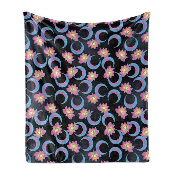 Bohemian Soft Flannel Fleece Blanket, Repetitive Ombre Colored Lotus Flowers and Crescent Moon Print, Cozy Plush for Indoor and Outdoor Use, 70" x 90", Dark Blue Grey and Multicolor, by Ambesonne