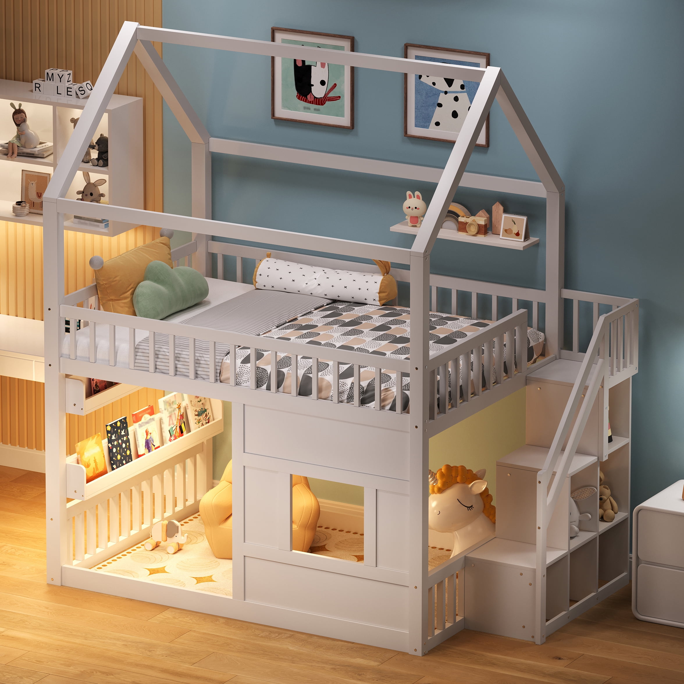 Euroco Wood Full over Full Bunk Bed with Staircase, House Bed with LED Light, White