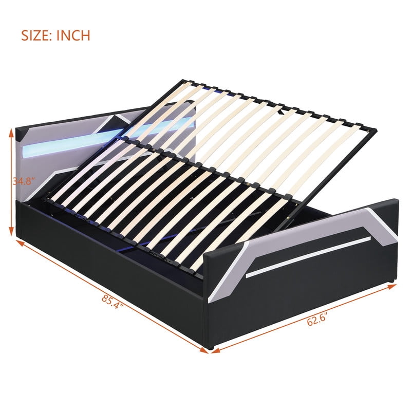 Queen Size Cyberpunk Style Low Profile Bed with LED Lighting Headboard, Hydraulic Storage Platform Bed Frame for Kids/Teens/Adults