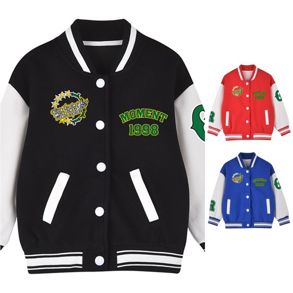 Ulitacool Coat For Boys Stand Collar School Baseball Jacket Long Sleeve Front Button Closure Letter Patch Tops Toddler Leisure Wear Black