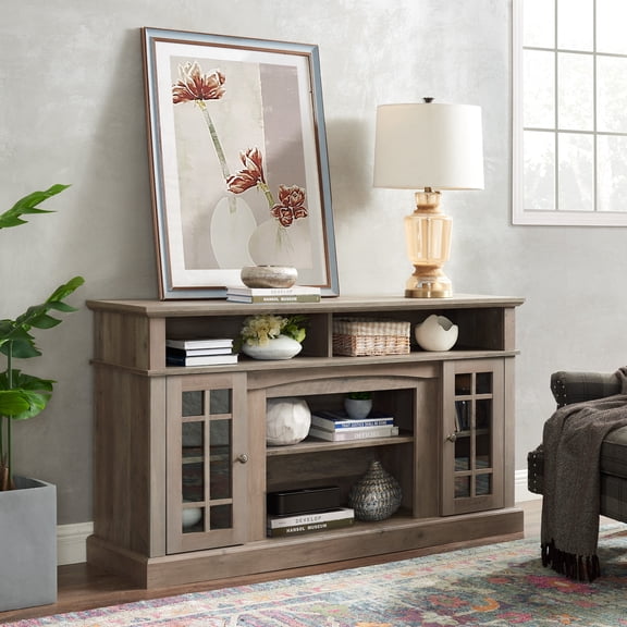 Oufan Retro TV Stand for TV Up to 65", Wooden Entertainment Console with 2 Glass Doors & Open Shelf, 58.25" TV Console Table for Living Room