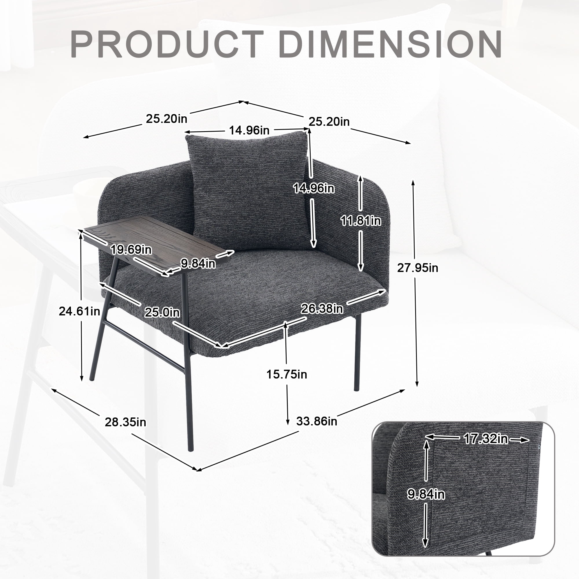 Leisure Chair, Lounge Relaxing Chair with Small Table and Back Pillow, Modern Upholstered Chairs with Metal Legs and Side Pockets, Single Sofa for Living Room/Bedroom/Garden