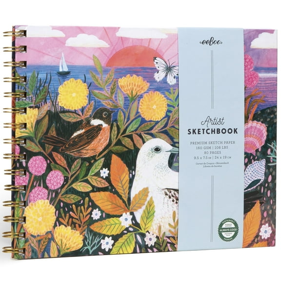 eeBoo Piece & Love: Artist Sketchbook - Seaside Peeps - 80 Pages, 9.5x7.5" Hardcover Spiral Book, 160 GSM, 108 LBS Drawing Paper, Illustrated Cover