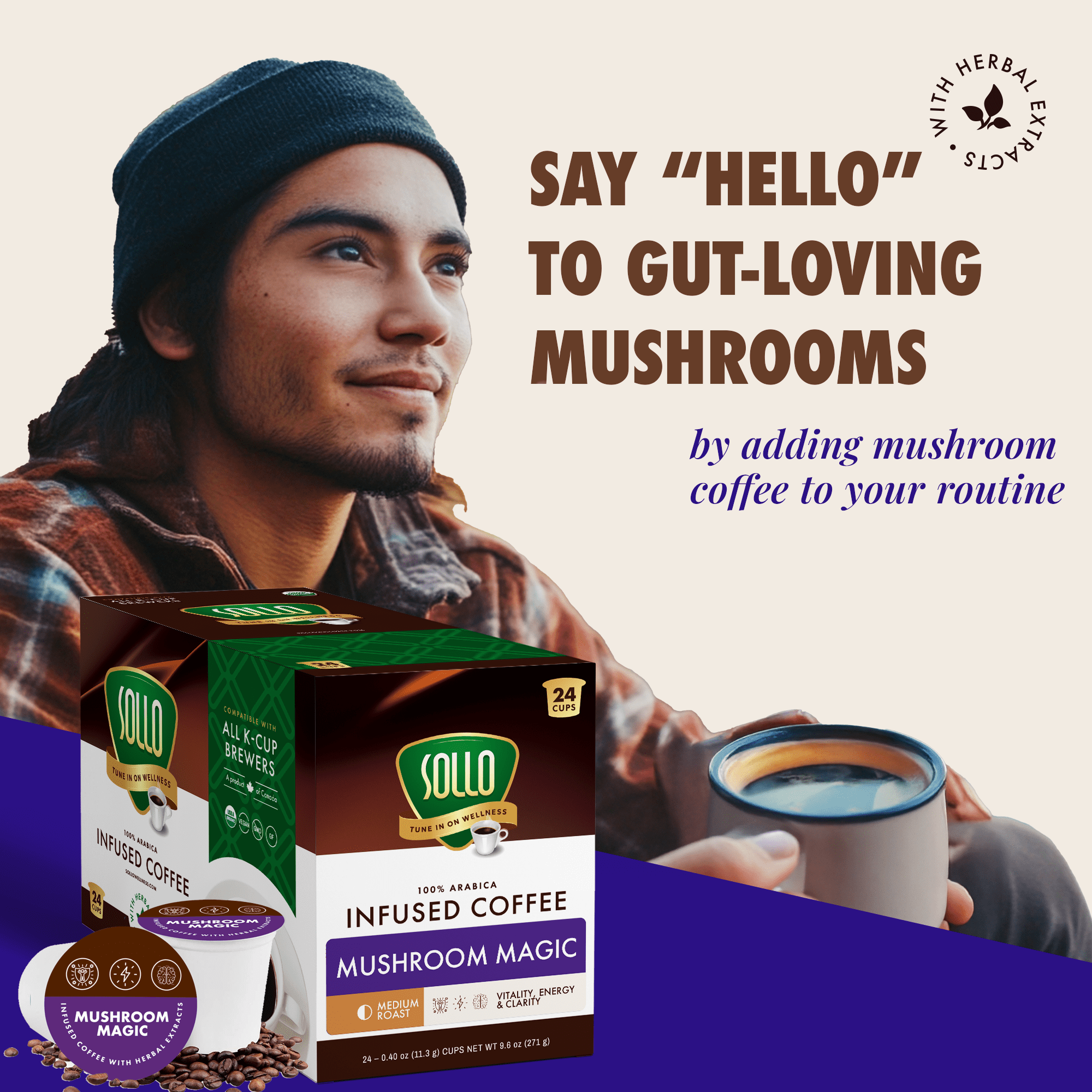 Sollo Infused Super 6 Mushroom Blend, Coffee Pods – 100% Arabica Medium Roast with 6 Functional Mushrooms & B-Vitamins – Lion’s Mane, Chaga, Reishi, Cordyceps, Turkey Tail, Oyster – 24 K-Cups