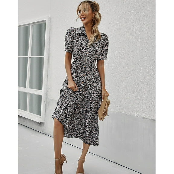 Floral Print Puff Sleeve Collared Vintage Dress Below Knee Length