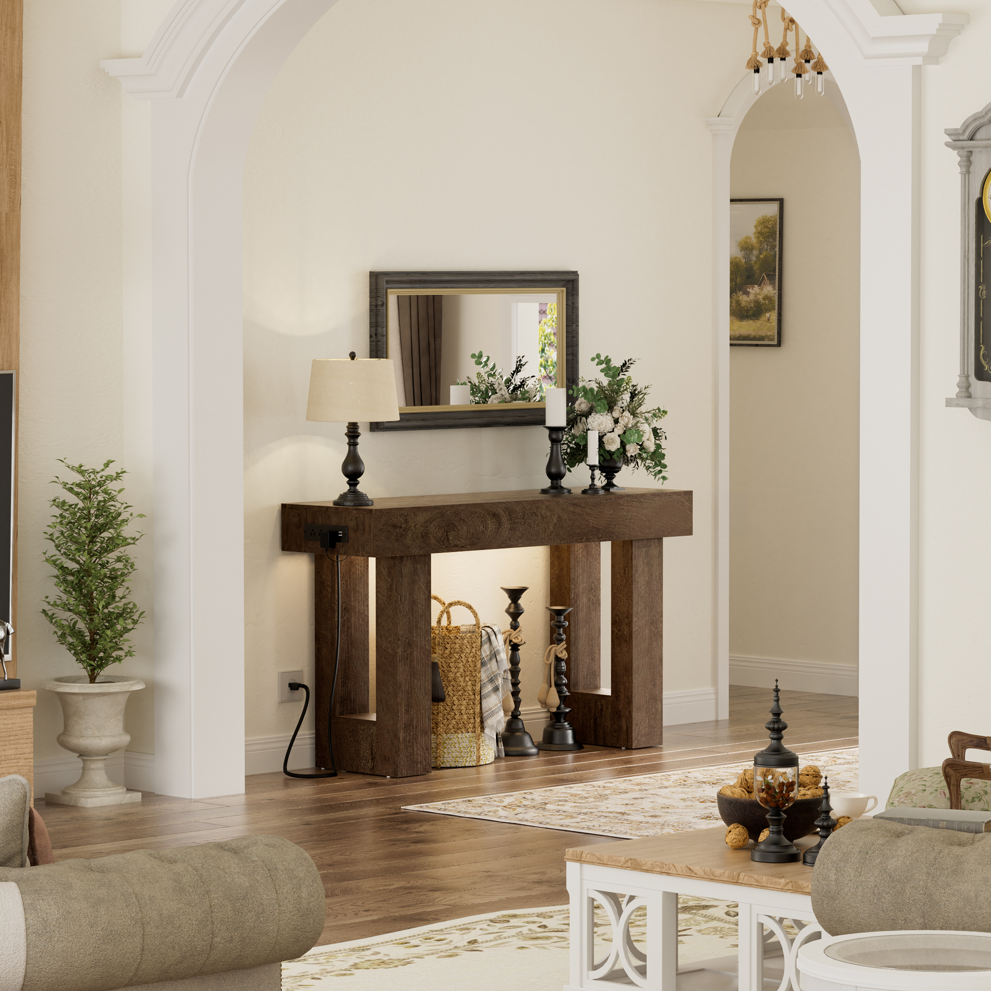 Homieasy 47" Console Table with Socket & Sensor Light, Narrow Entryway Table with Storage for Hallway/Living Room, Farmhouse Style in Rustic Oak