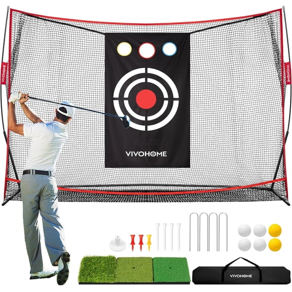 SPECSTAR 10 x 7ft Golf Net for Hitting, Chipping, Driving Training, Heavy Duty Golf Practice Net for Indoor, Backyard, Garage, with Golf Mat, Target Cloth, 8 Golf Tees, 6 Golf Balls, Carry Bag