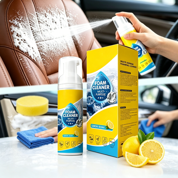 4-in-1 Multi-Enzyme Foam Cleaner 5oz, Lemon Scent Powerful Foam Spray, Deep Stain & Grease Remover for Car Interior, Kitchen, Bathroom Tiles and Sofa Upholstery,1PC