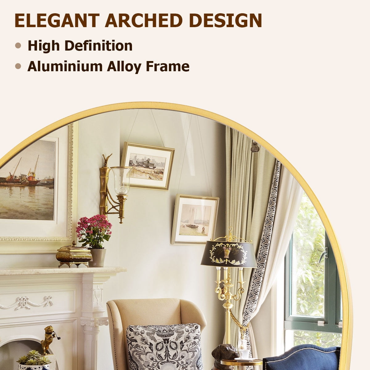 Lumora 56"x15" Free Standing Arched Floor Mirror Full Length Wall Mounted Mirror, Gold