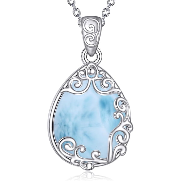 YAFEINI Larimar Pendant Jewelry Necklace Sterling Silver Filigree Irish Celtic Teardrop Natural Gemstone Larimar Pendant Necklace Jewelry Gifts For Women