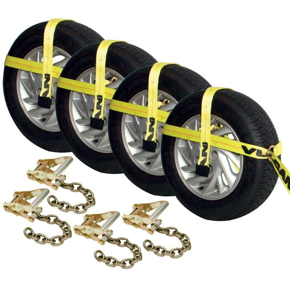 VULCAN Car Tie Down - Adjustable Loop - Chain Ratchet - 4 Pack - Classic Yellow - 3300 Lbs SWL