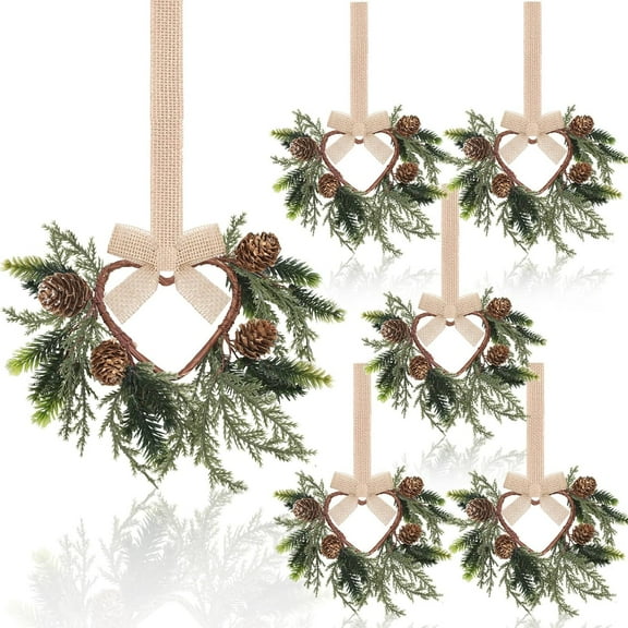 4 Pcs 6 Inch Christmas Mini Wreaths for Kitchen with Ribbon Bows Pinecone Small Cabinet Wreath Garland for Door Window Farmhouse Christmas Party Decorations