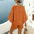 thumbnail image 6 of Lcziwo Women's Cotton Linen 2 Piece Sets Elegant Beach Vacation Outfits Batwing Sleeve V Neck Shirts with Drawstring High Waist Shorts Orange,S, 6 of 9