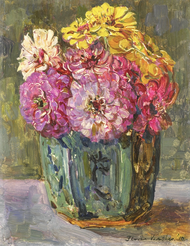 Still Life With Zinnias In A Ginger Pot Canvas Art - (24 x 36)