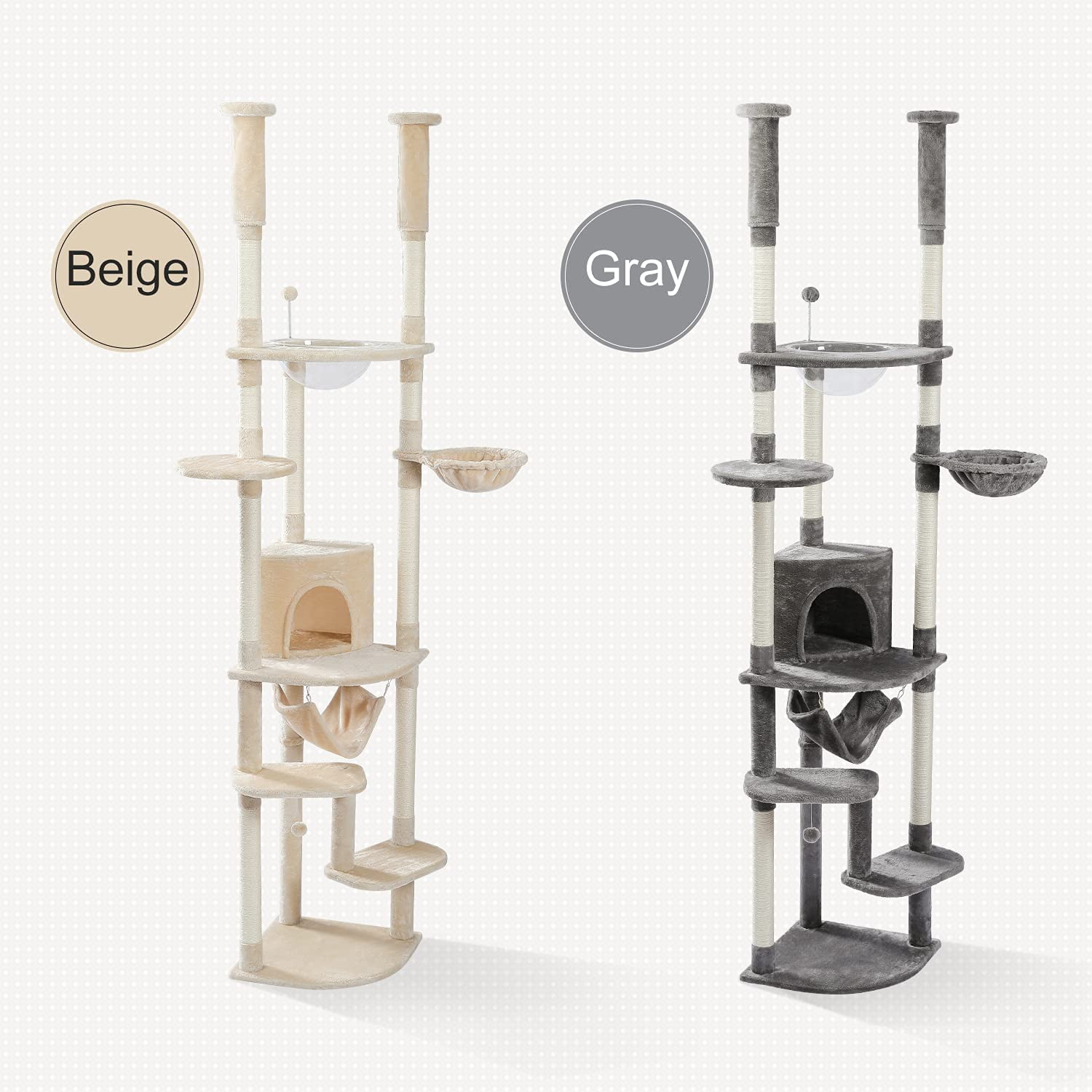 PEQULTI Floor to Ceiling Cat Tree 92.9’’-101.6’’ Height Adjustable Cat Tower Tall  Climbing Play House with Scratching Posts, Cozy Condo, Perches and Large Hammock for Indoor Cats Beige