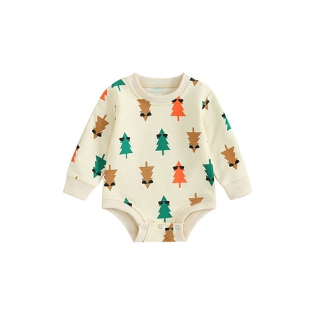 

Qtinghua Newborn Infant Baby Girl Boy Christmas Long Sleeve Romper Tree Print Bodysuit Jumpsuit Clothes Apricot 0-3 Months
