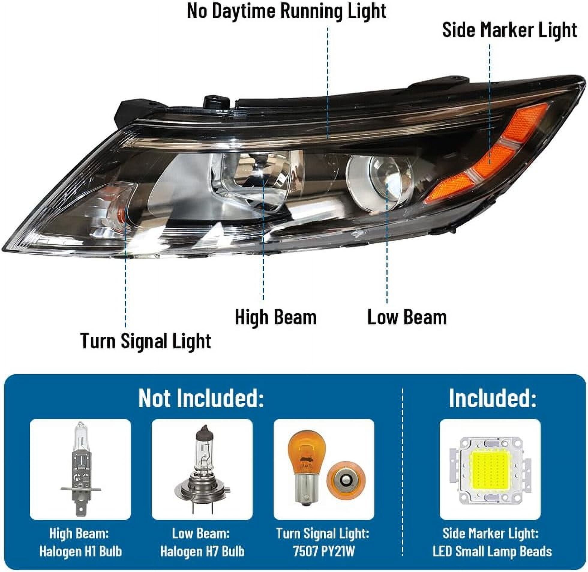 LEAVAN Driver Side Headlight Assembly For 2014-2015 Kia Optima (Halogen, W/Bulbs)