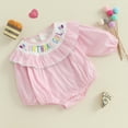 thumbnail image 4 of Gzhioc Infant Baby Girl Birthday Fall Romper 0 3 6 12 18 Months Long Sleeve Ruffled Round Neck Letter Ballon Embroidery Jumpsuit Bubble Bodysuit, 4 of 9