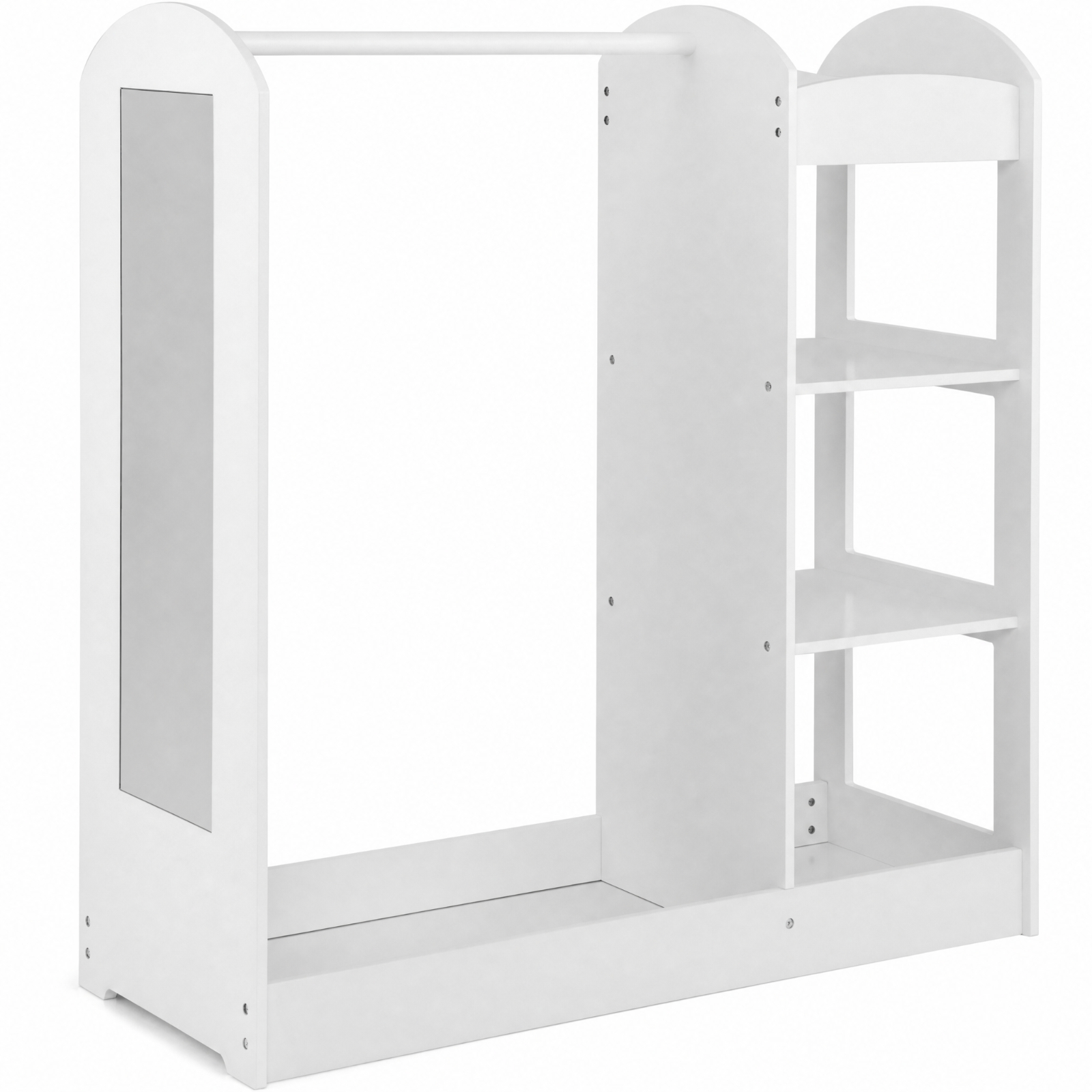 Furnibear Kids Dress Up Storage with Mirror, Costume Wardrobe Closet Organizer with Hanging Rod and Open Shelves for Kids Bedroom Playroom, White