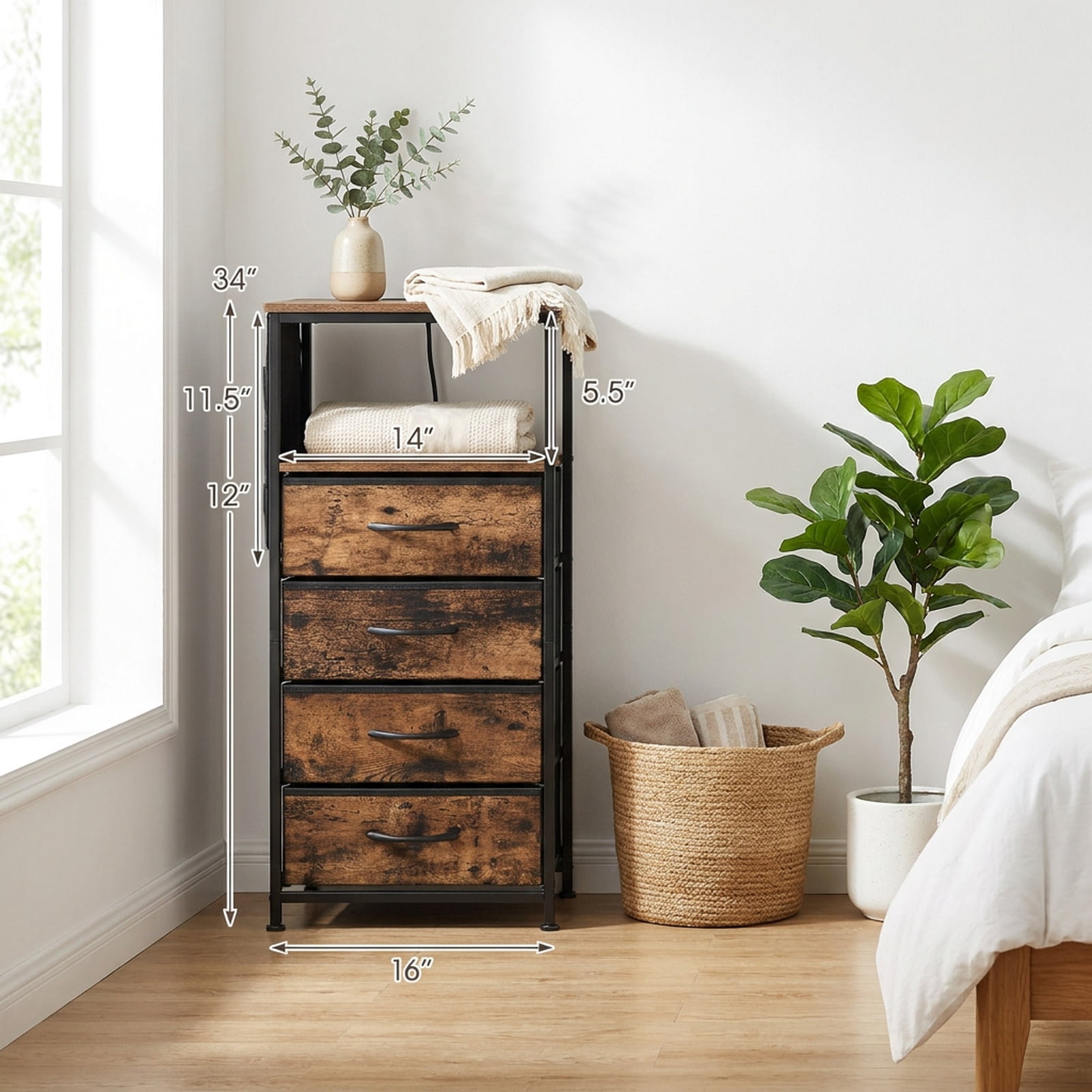 Furnibear 34-Inch Nightstand Dresser with Charging Station and 4 Fabric Drawers, Rustic Brown and Black