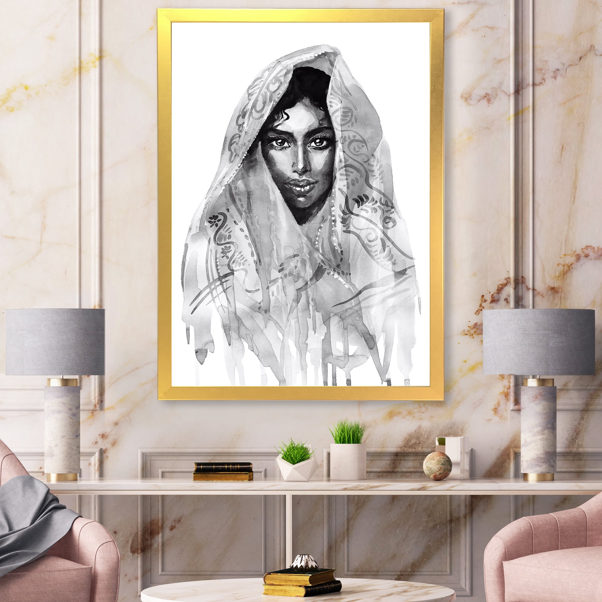 Designart 'Black and White Portrait of Young Indian Woman I' Modern Framed Art Print